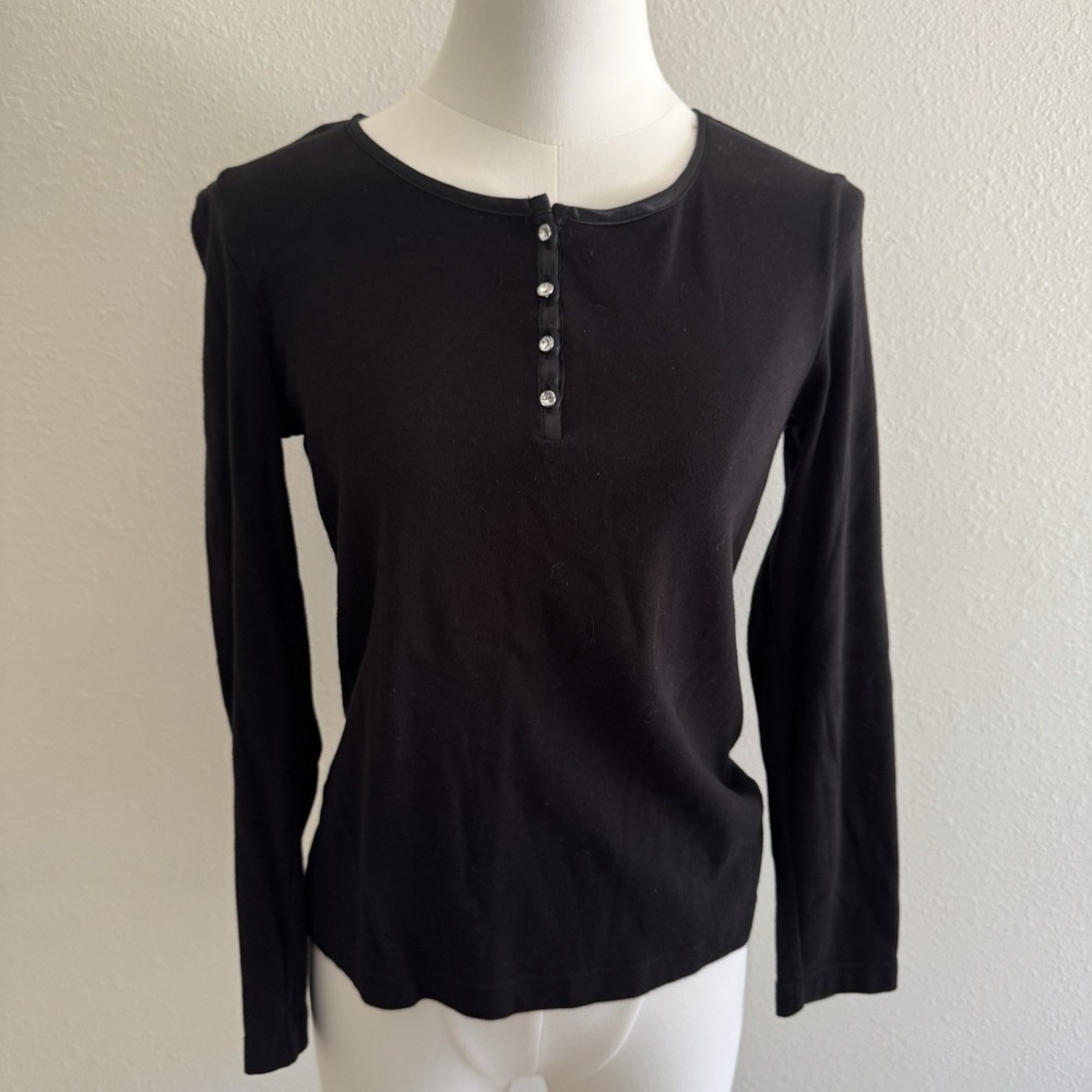 Chico's Sz 0 Womens Small Black Long Sleeve Rhinestone Button Cotton Top VTG